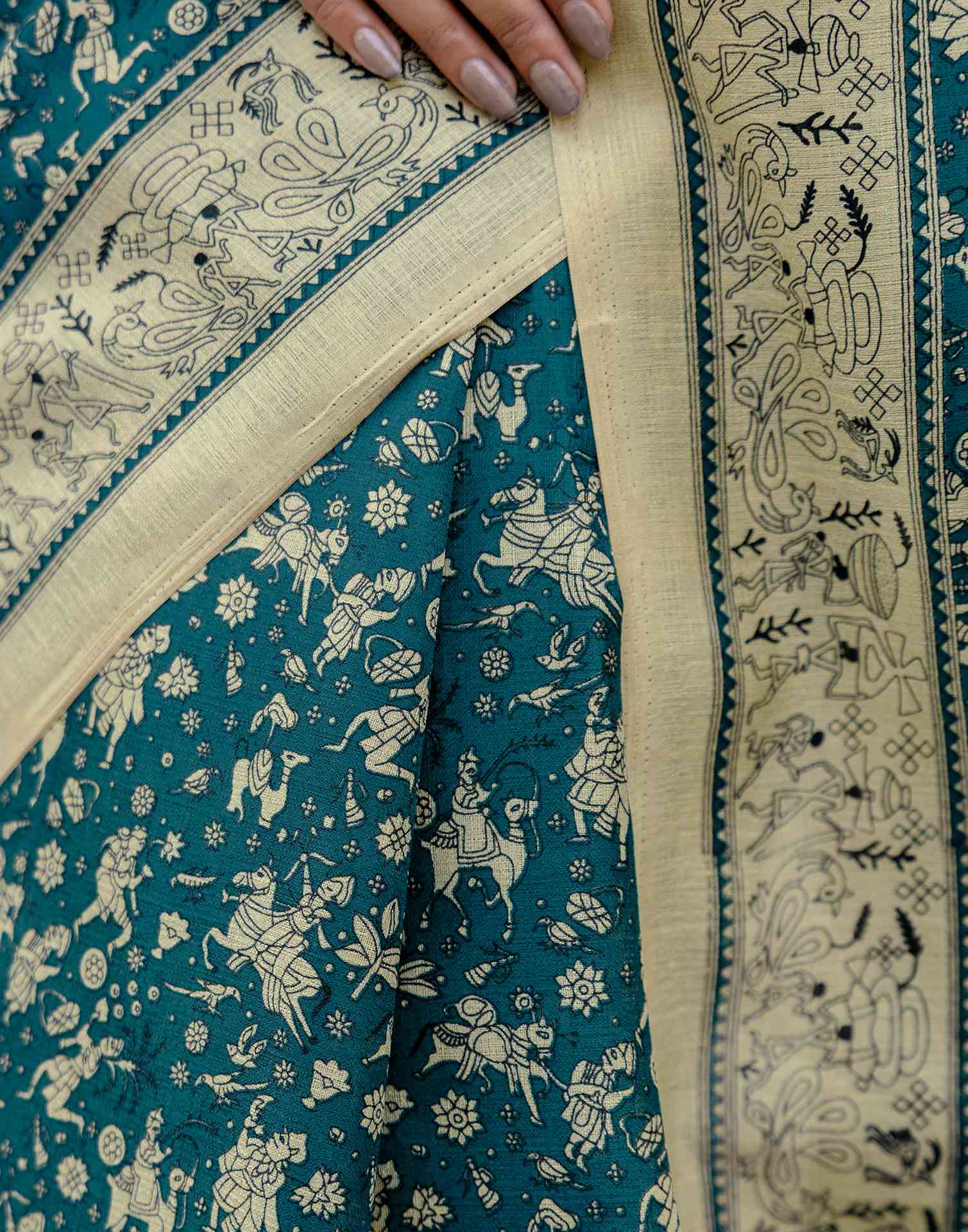 Rama Blue Khadi Warli Printed Saree