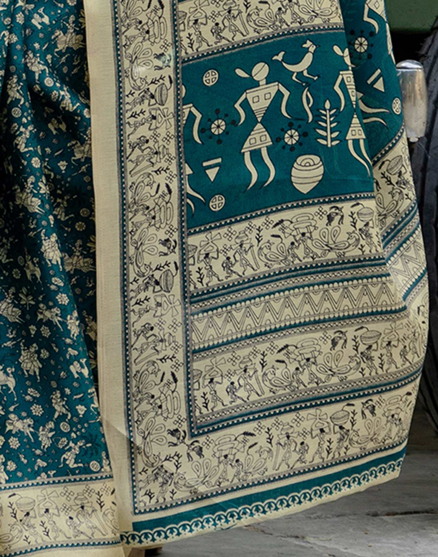 Rama Blue Khadi Warli Printed Saree