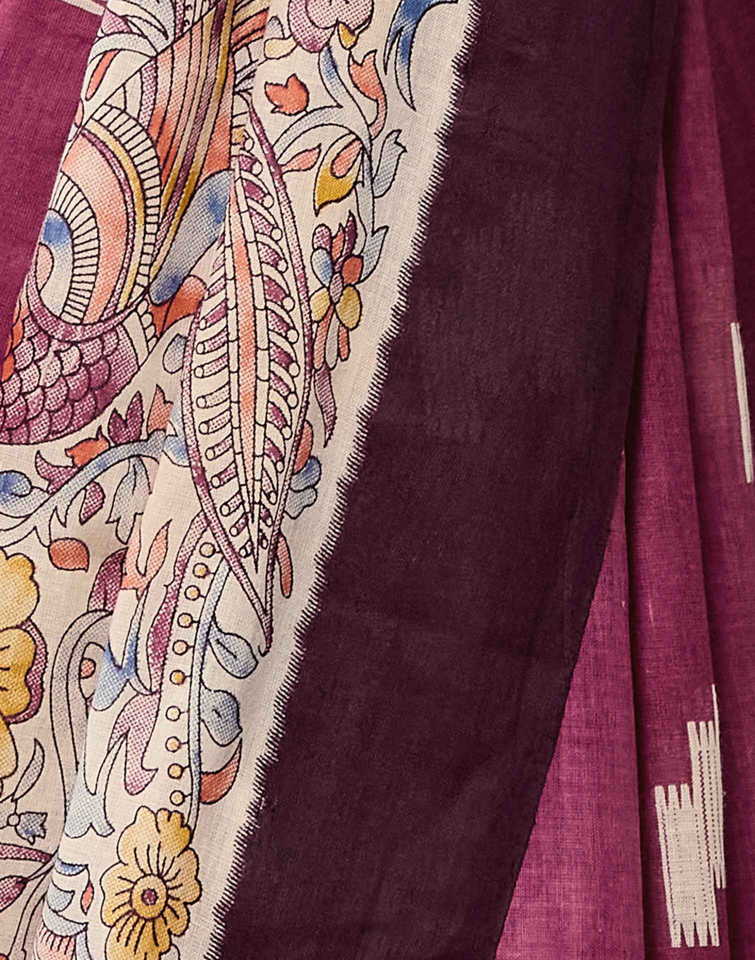 Dark Mauve Cotton Printed Kalamkari Saree