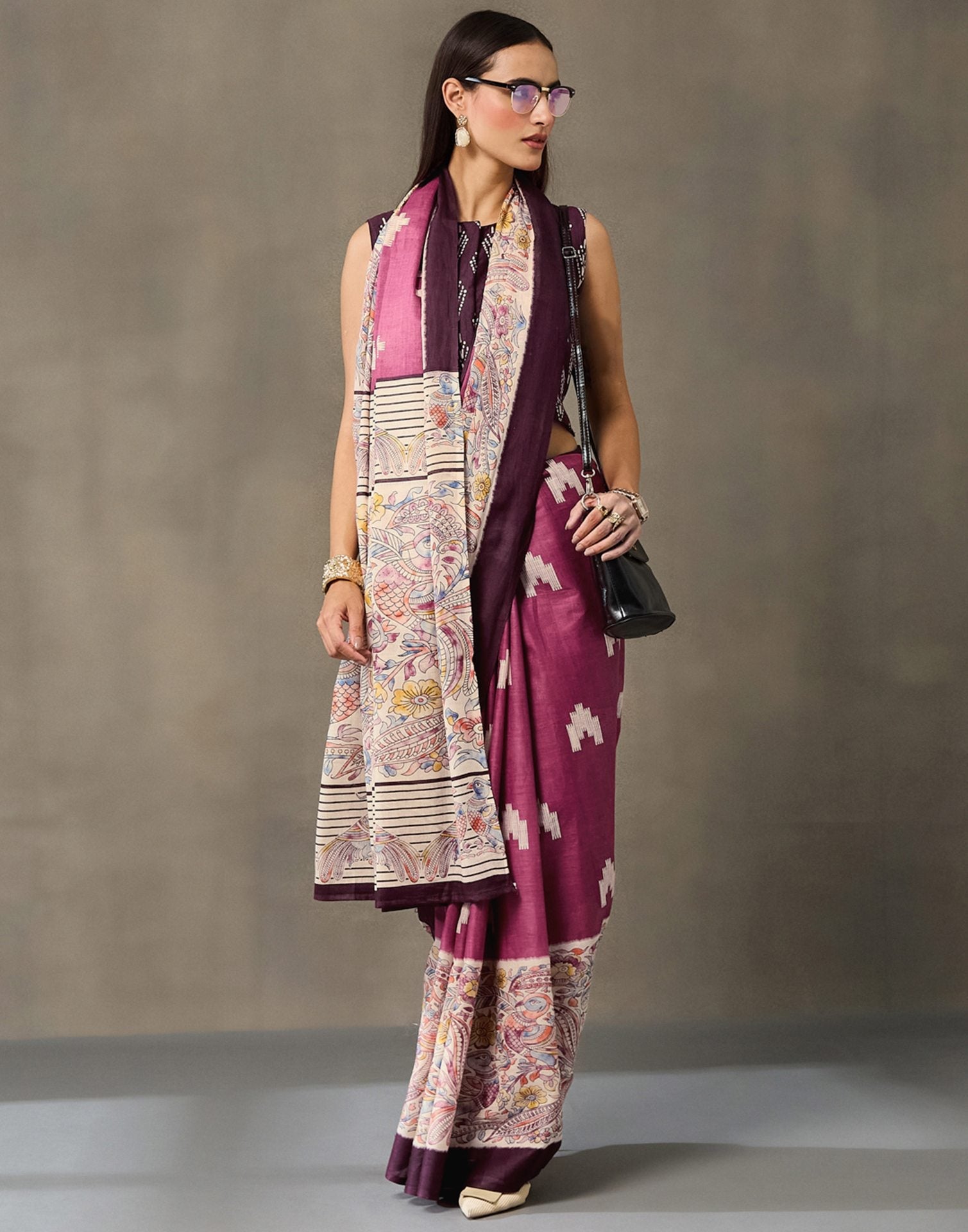 Dark Mauve Cotton Printed Kalamkari Saree