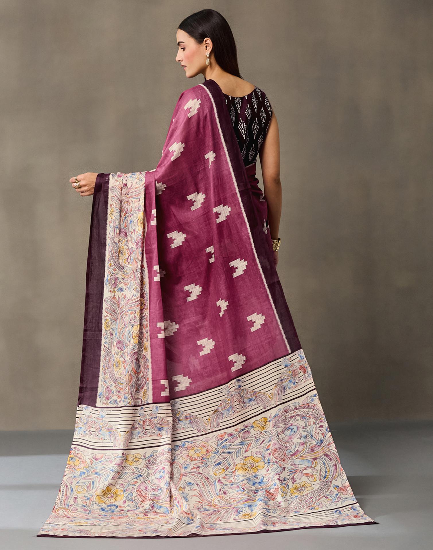 Dark Mauve Cotton Printed Kalamkari Saree