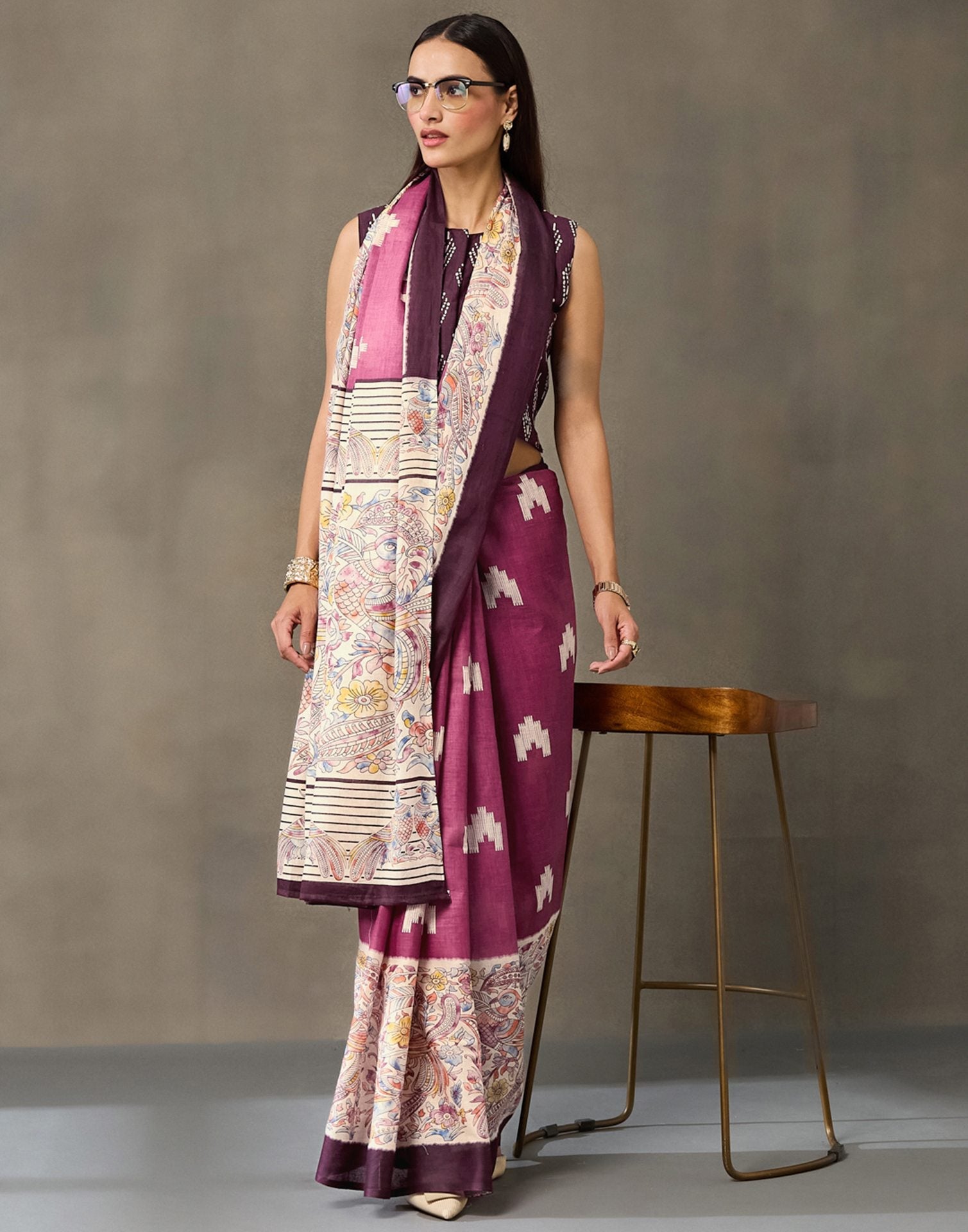 Dark Mauve Cotton Printed Kalamkari Saree