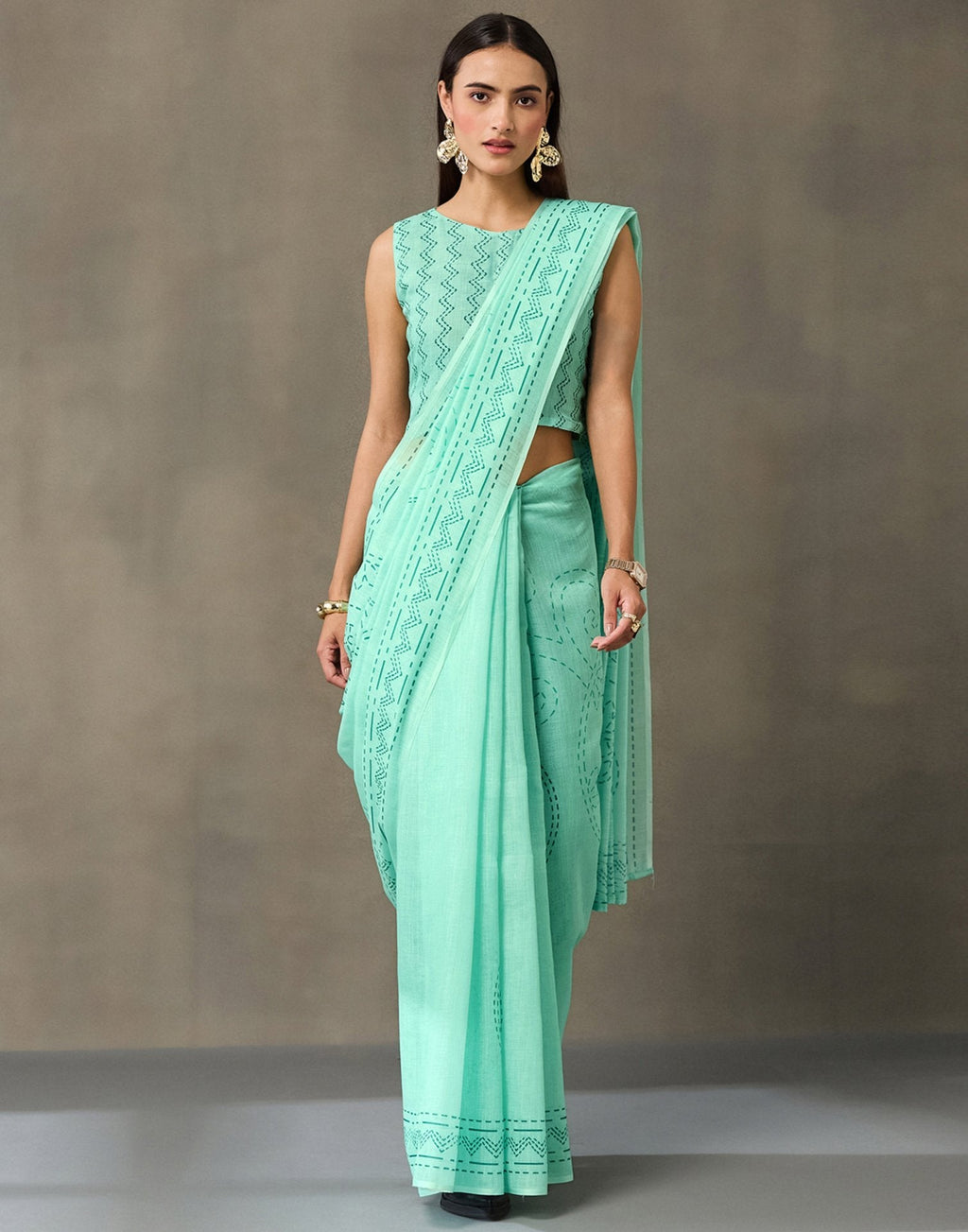 Light Mint Green Linen Printed Saree