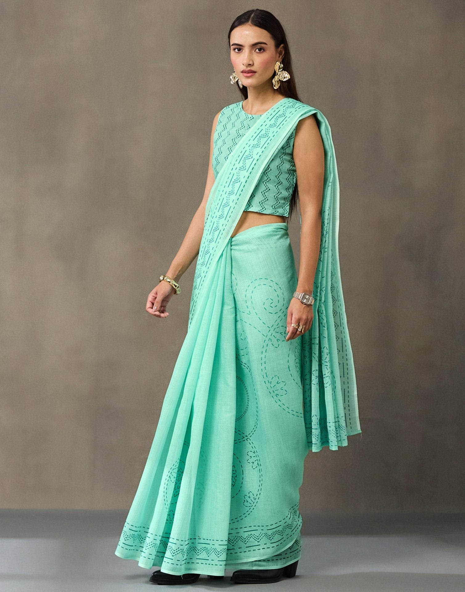 Light Mint Green Linen Printed Saree