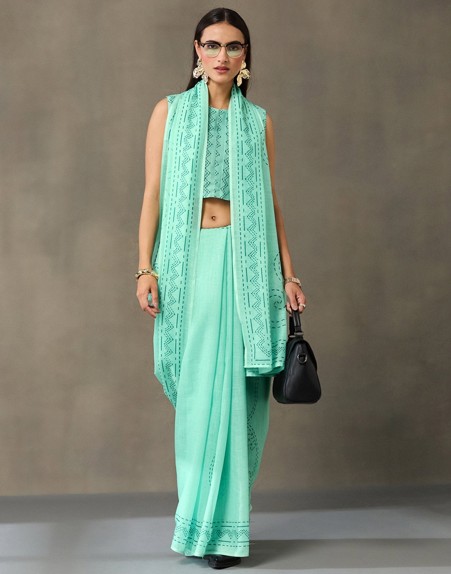 Light Mint Green Linen Printed Saree