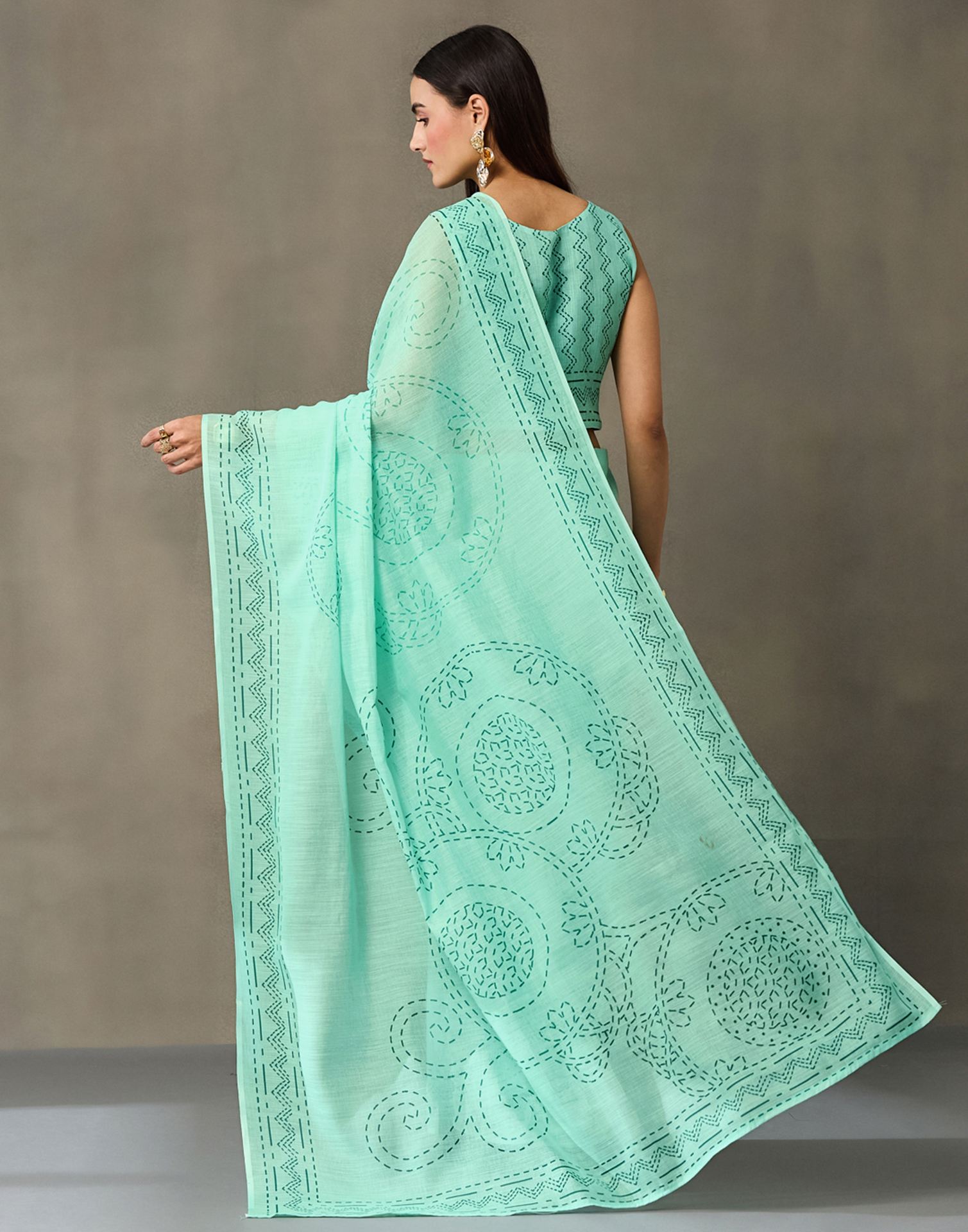 Light Mint Green Linen Printed Saree