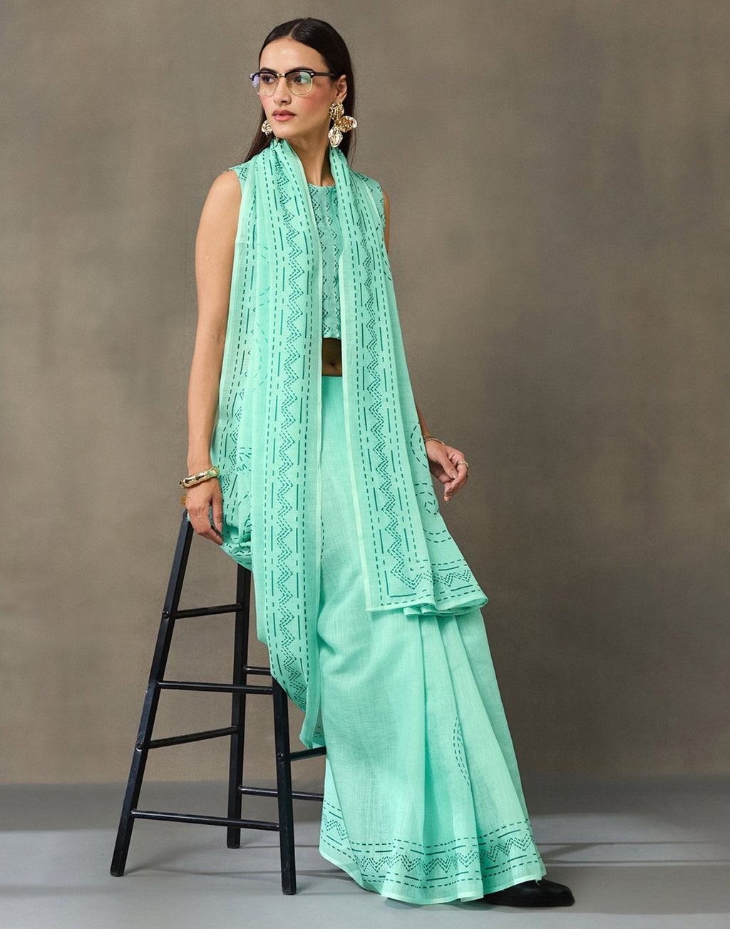 Light Mint Green Linen Printed Saree