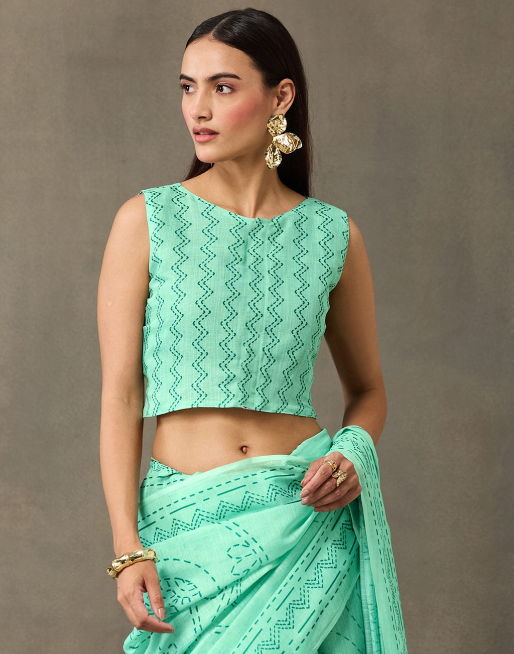 Light Mint Green Linen Printed Saree