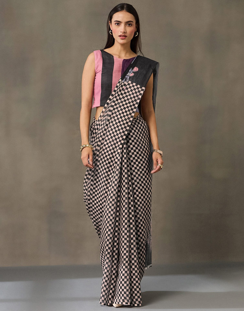 Black Linen Checkered Printed Saree