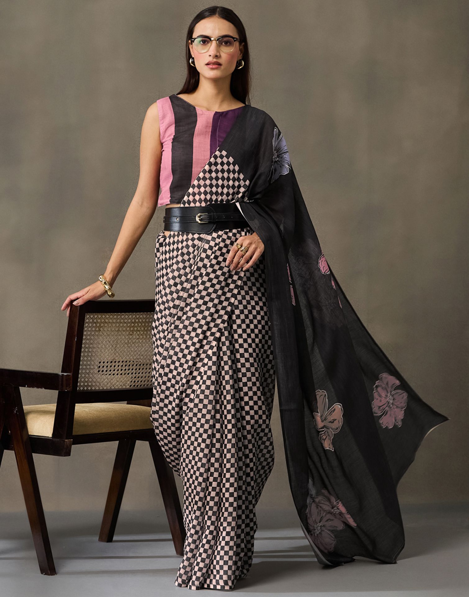 Black Linen Checkered Printed Saree