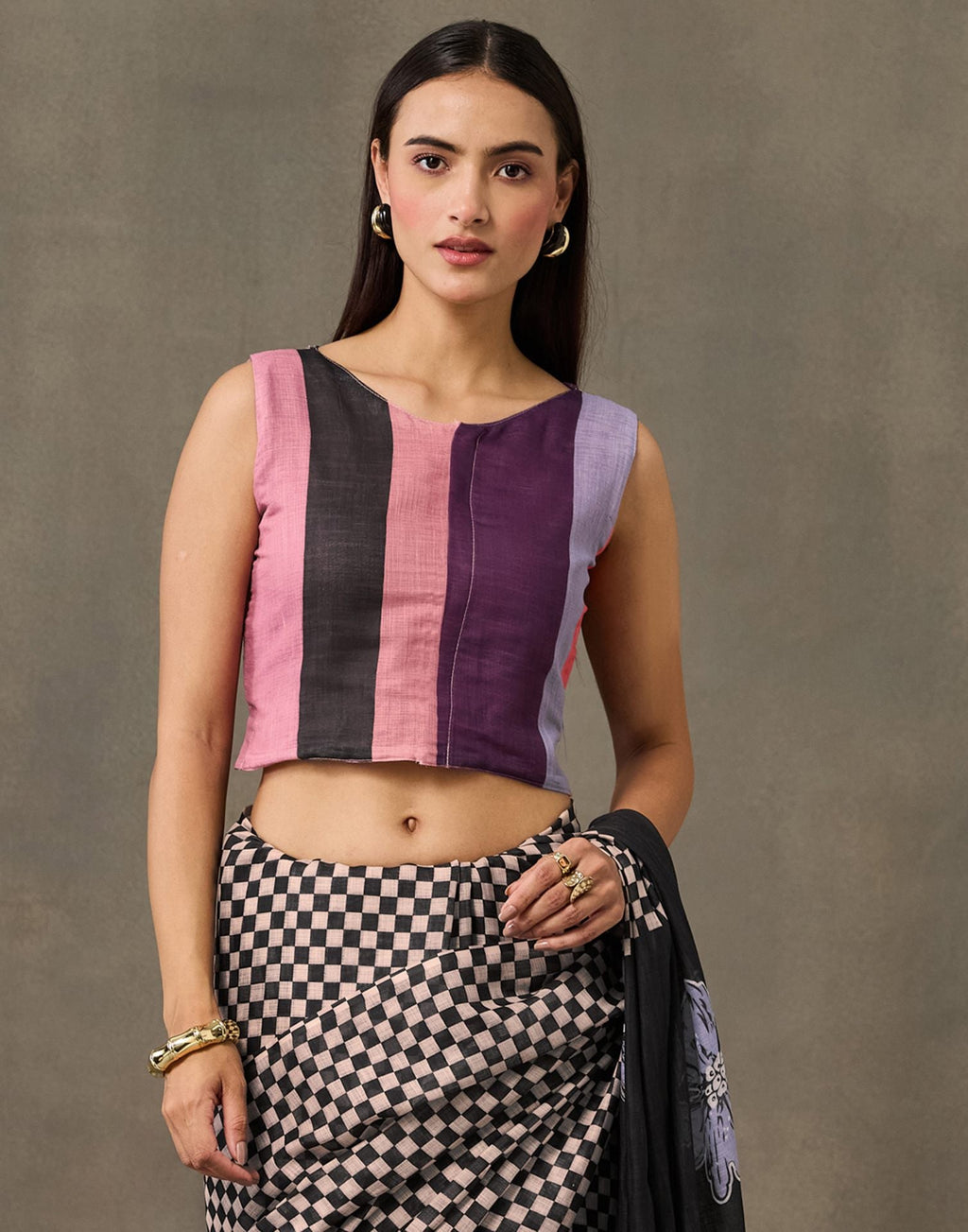 Black Linen Checkered Printed Saree