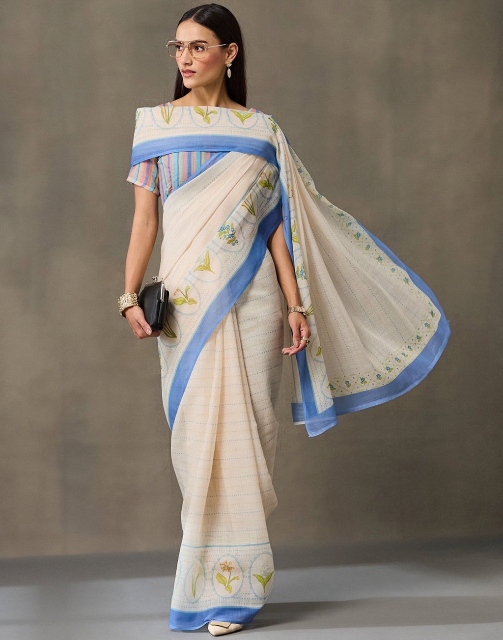 Cream Linen Printed Saree