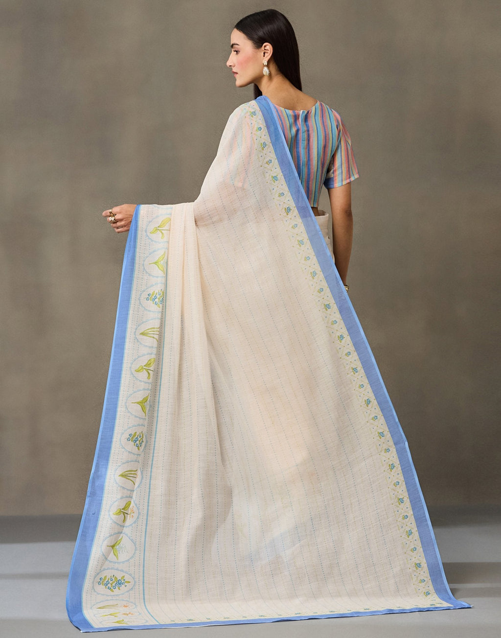 Cream Linen Printed Saree
