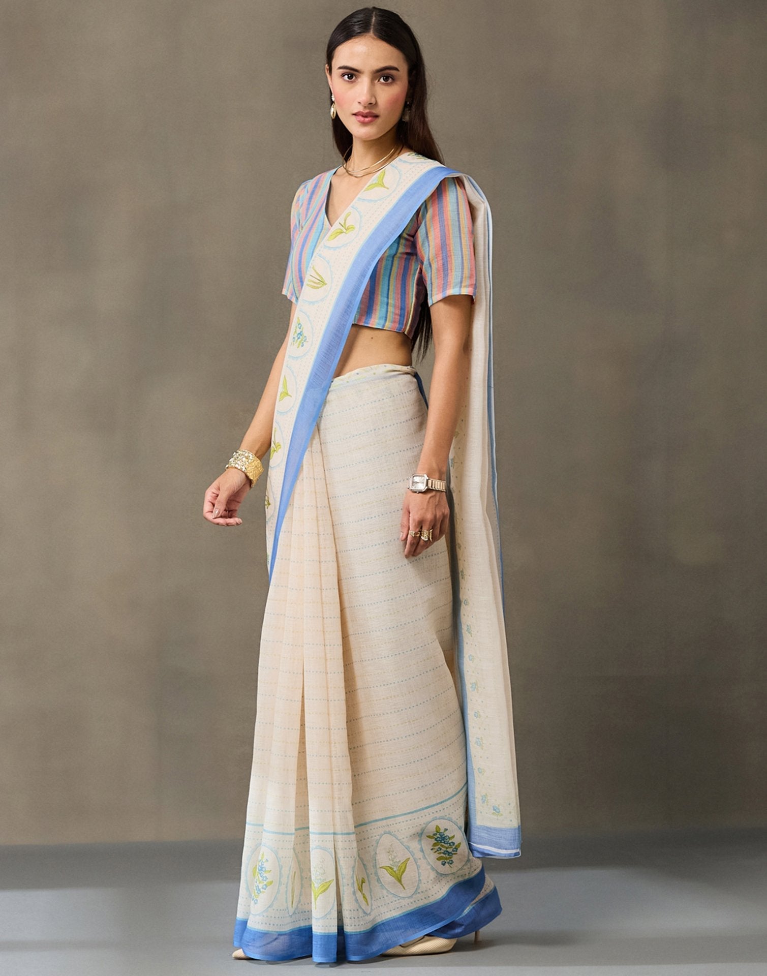Cream Linen Printed Saree