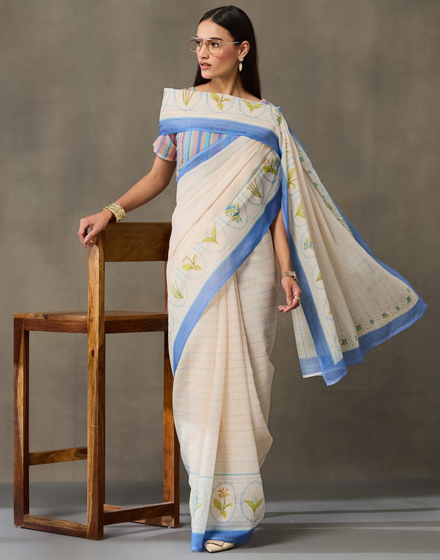 Cream Linen Printed Saree