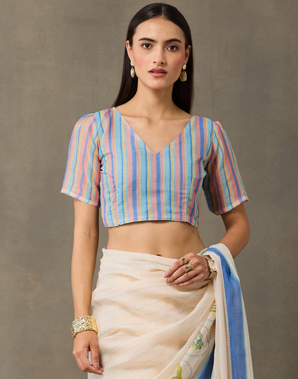 Cream Linen Printed Saree