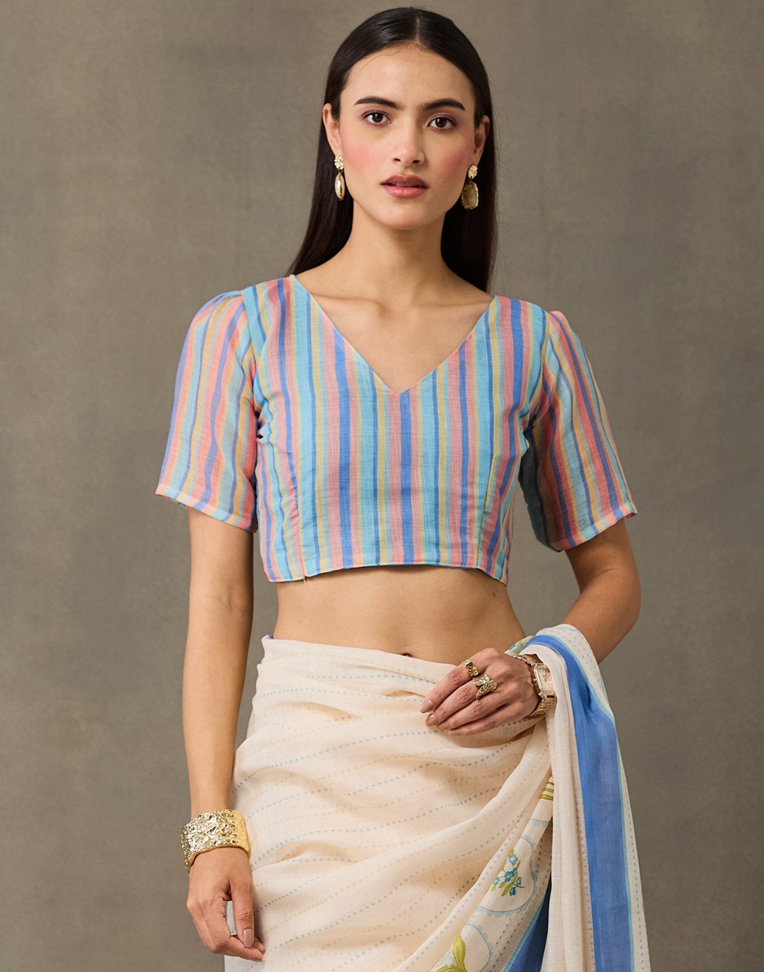 Cream Linen Printed Saree