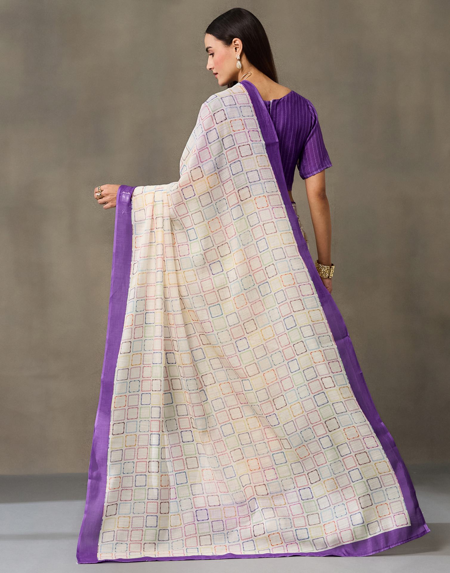 Off White Linen Printed Saree