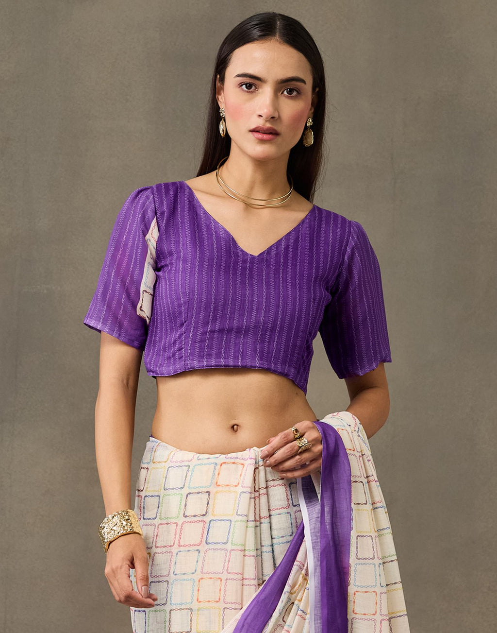 Off White Linen Printed Saree