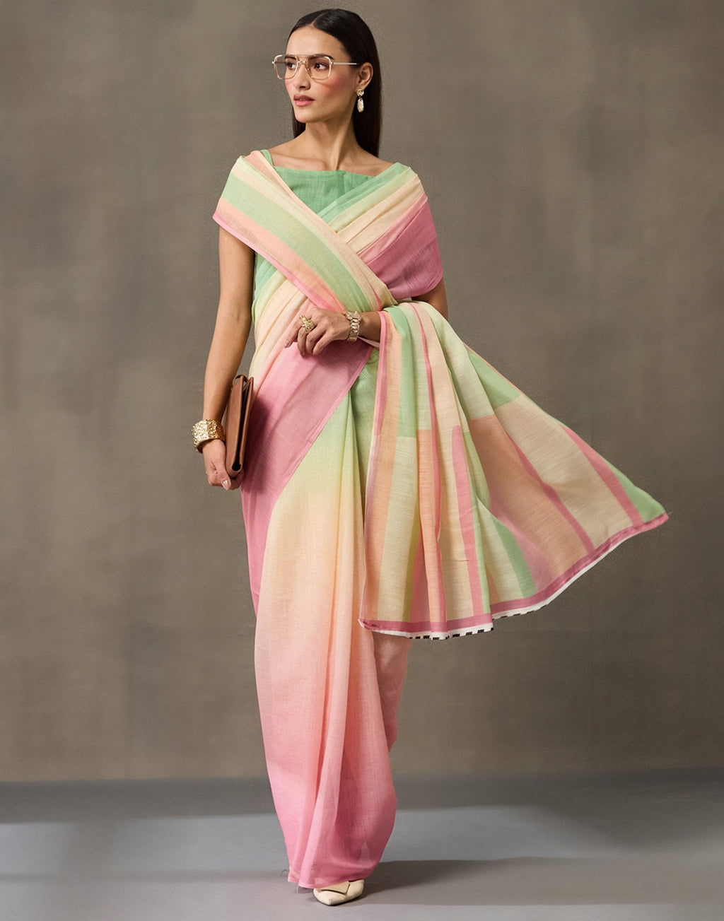 Mint Green Linen Printed Saree