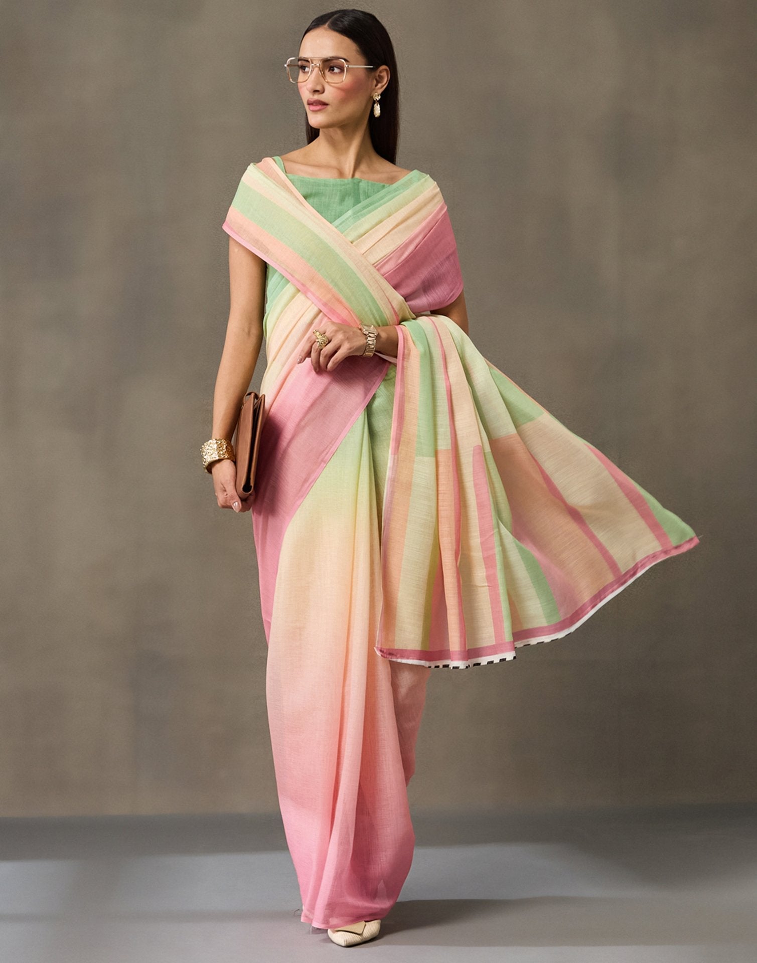 Mint Green Linen Printed Saree