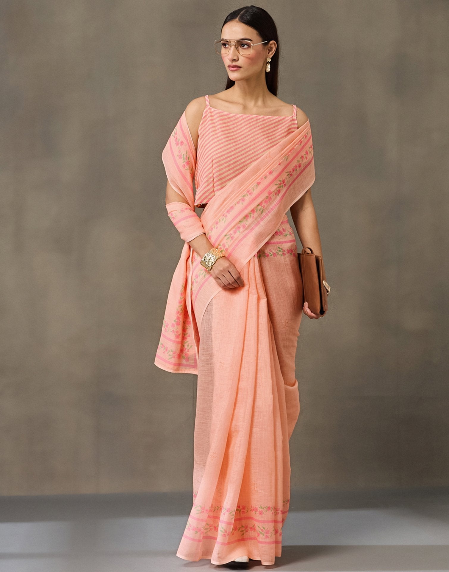 Peach Linen Printed Saree
