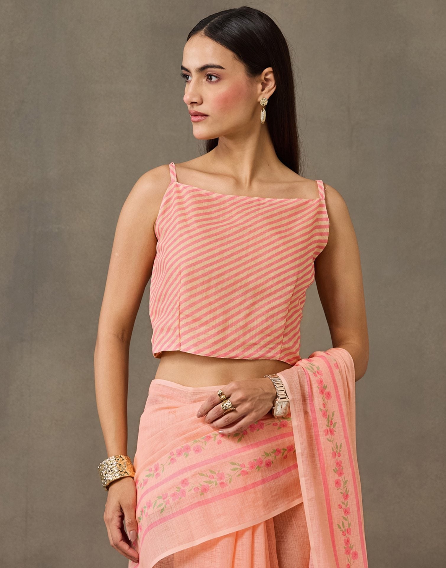 Peach Linen Printed Saree