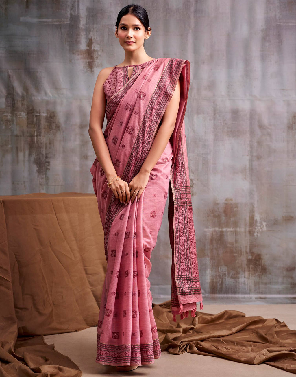 Rose Pink Cotton Woven Saree