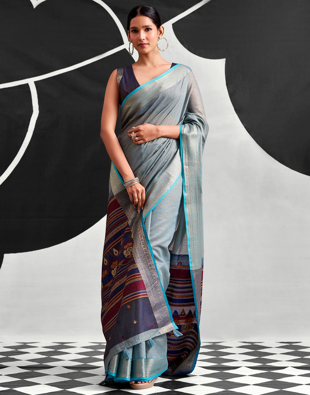 Grey Cotton Silk Woven Saree