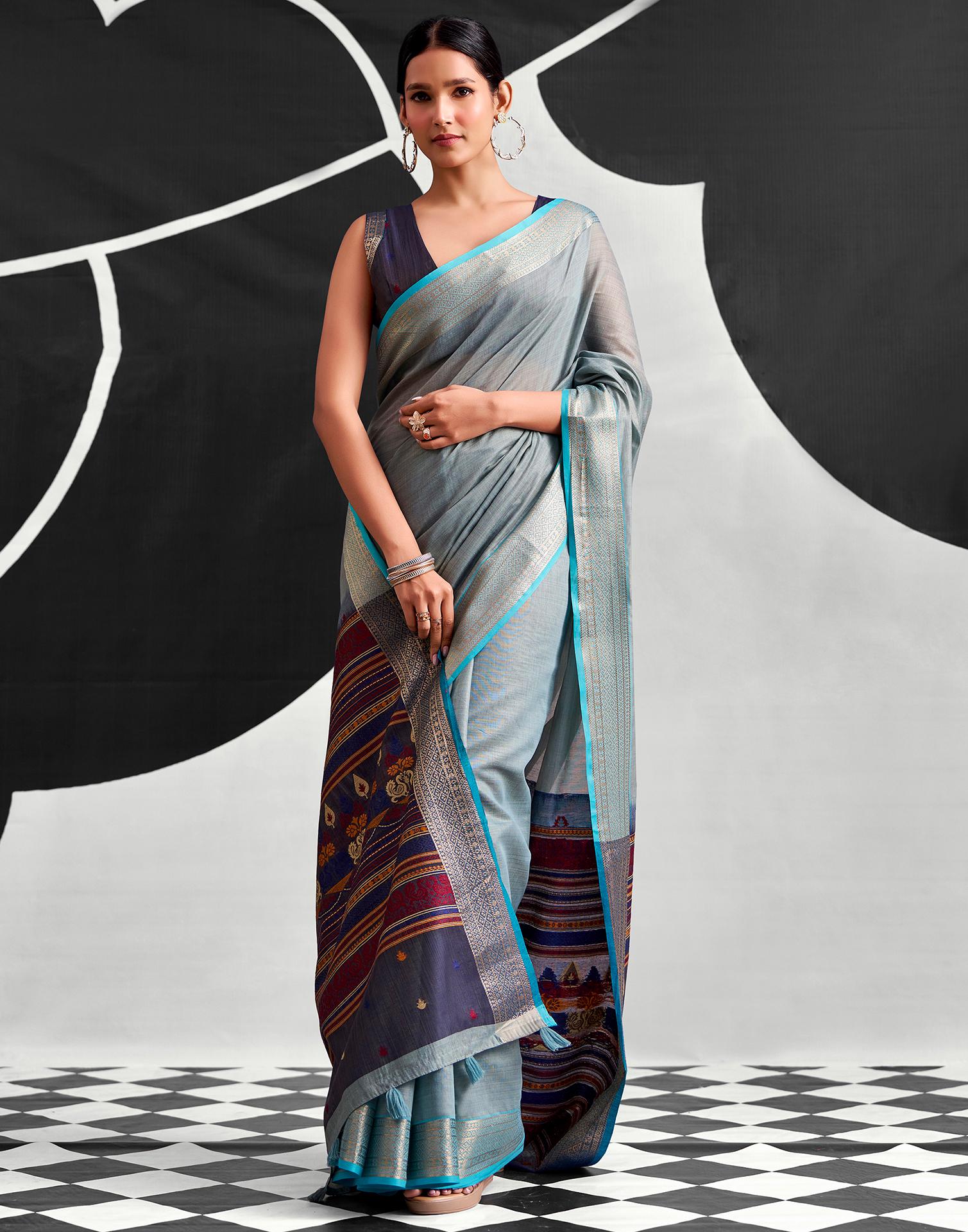 Grey Cotton Silk Woven Saree