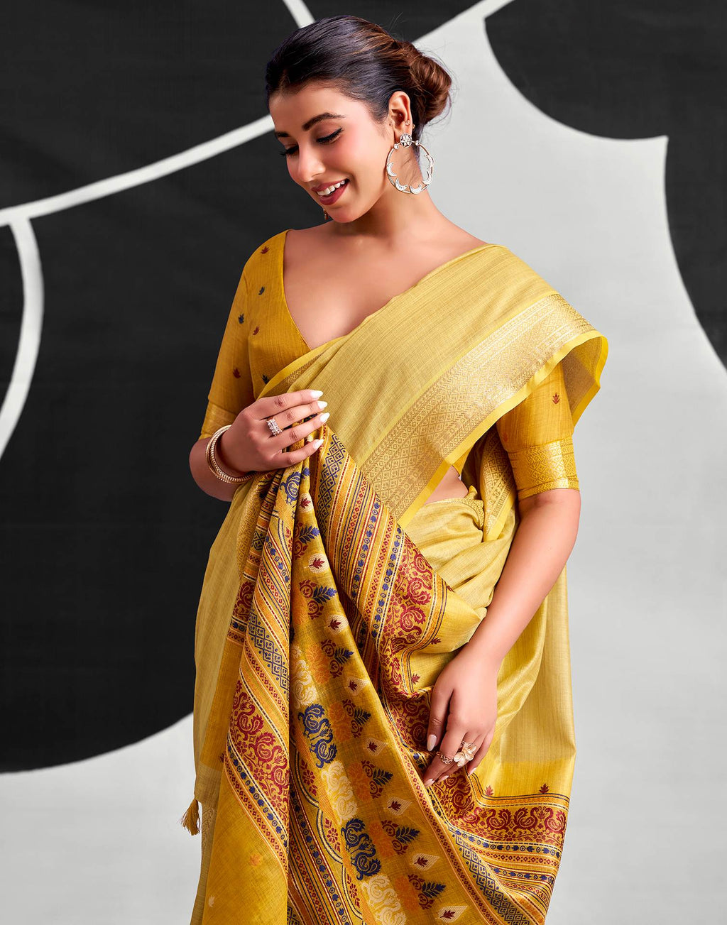 Light Mustard Yellow Cotton Silk Woven Saree