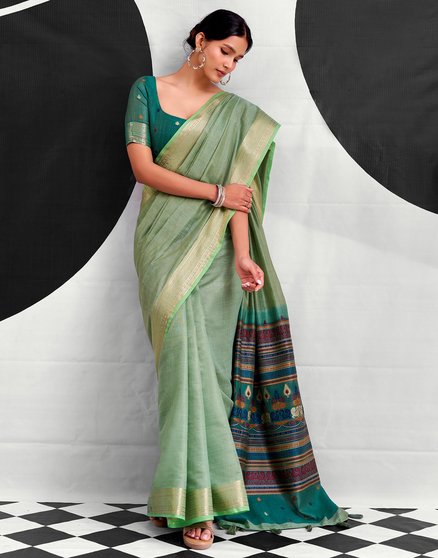 Pista Green Cotton Silk Woven Saree