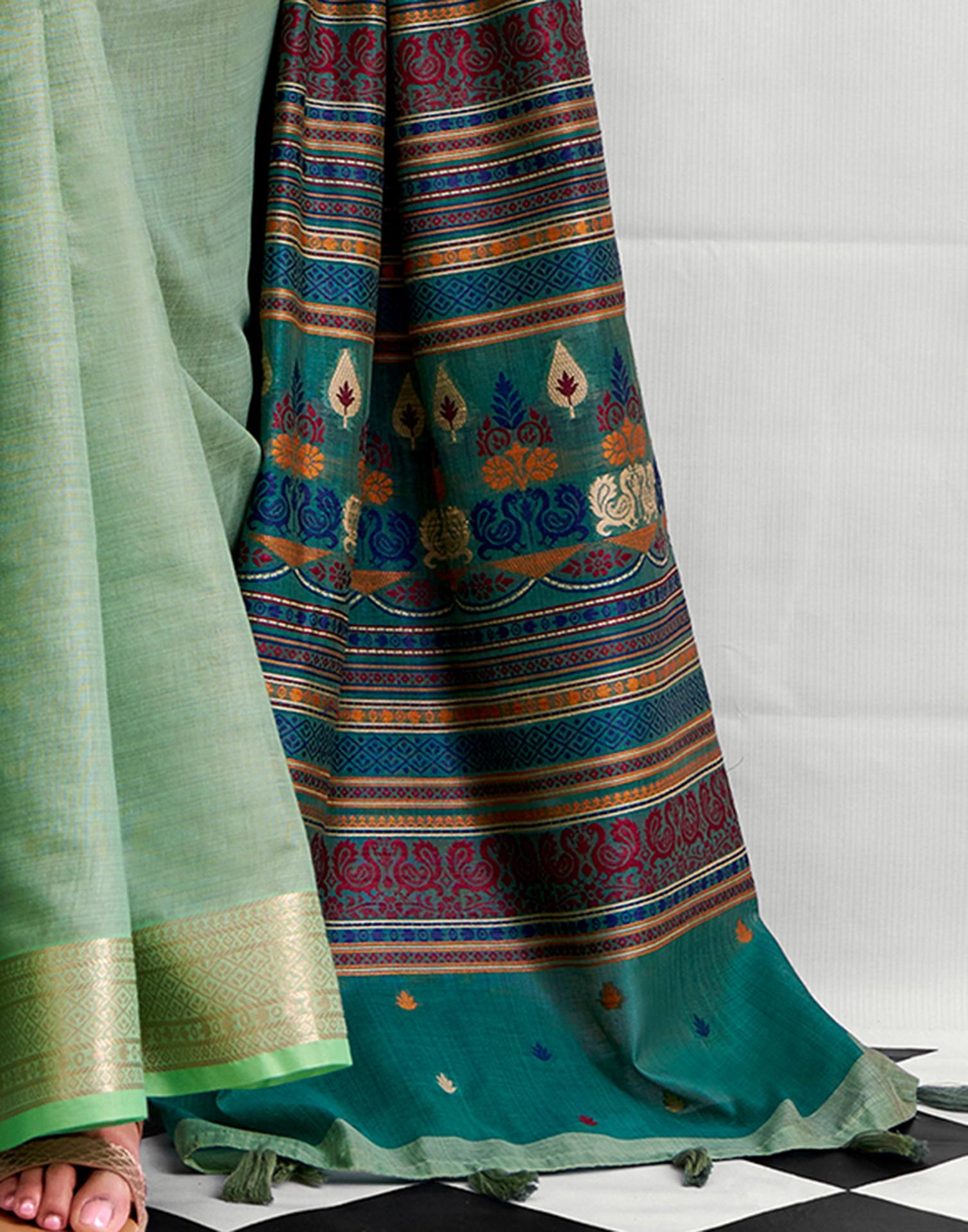 Pista Green Cotton Silk Woven Saree