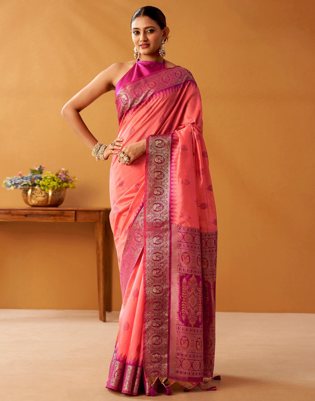 Coral Pink Silk Woven Kanjivaram Saree