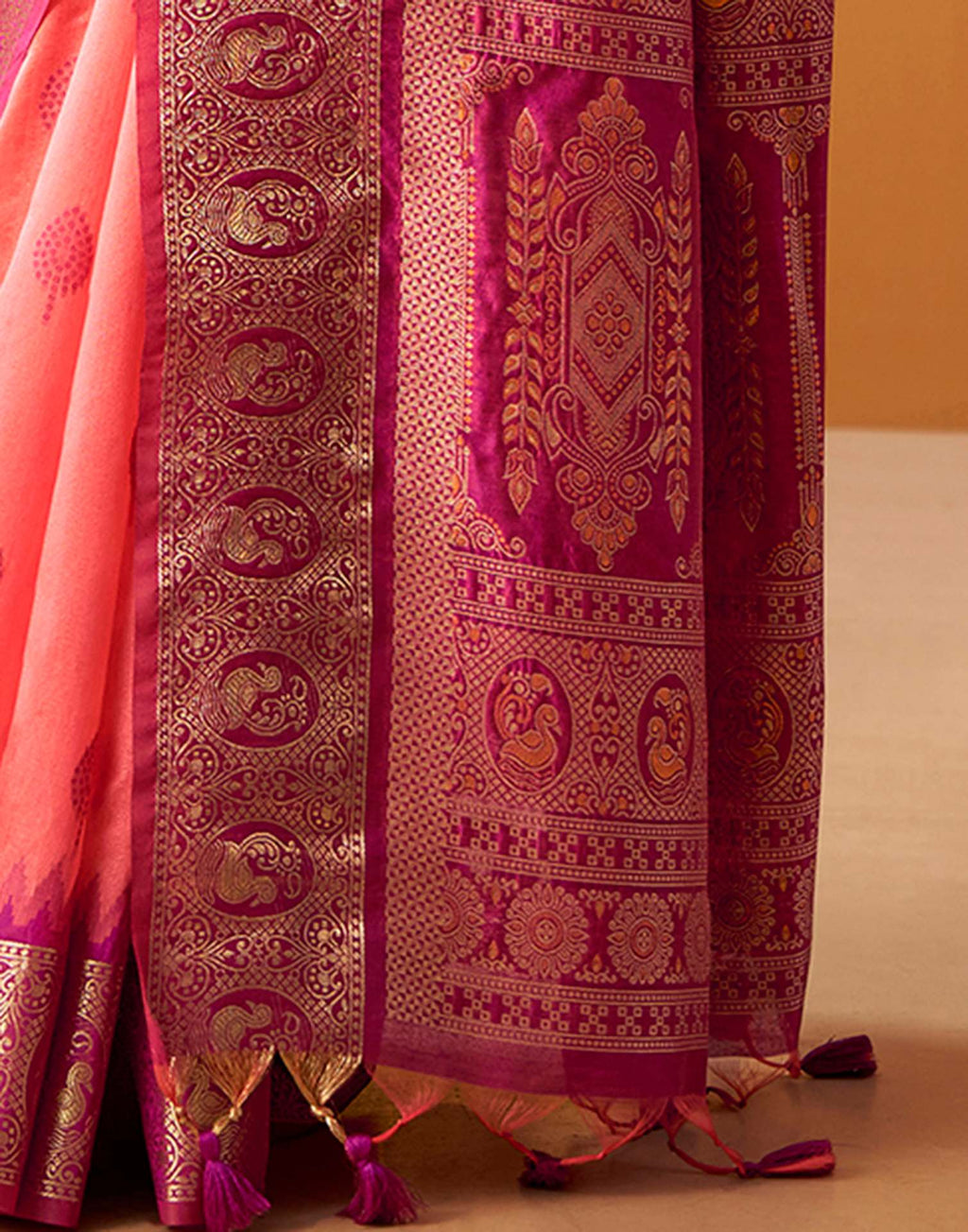 Coral Pink Silk Woven Kanjivaram Saree
