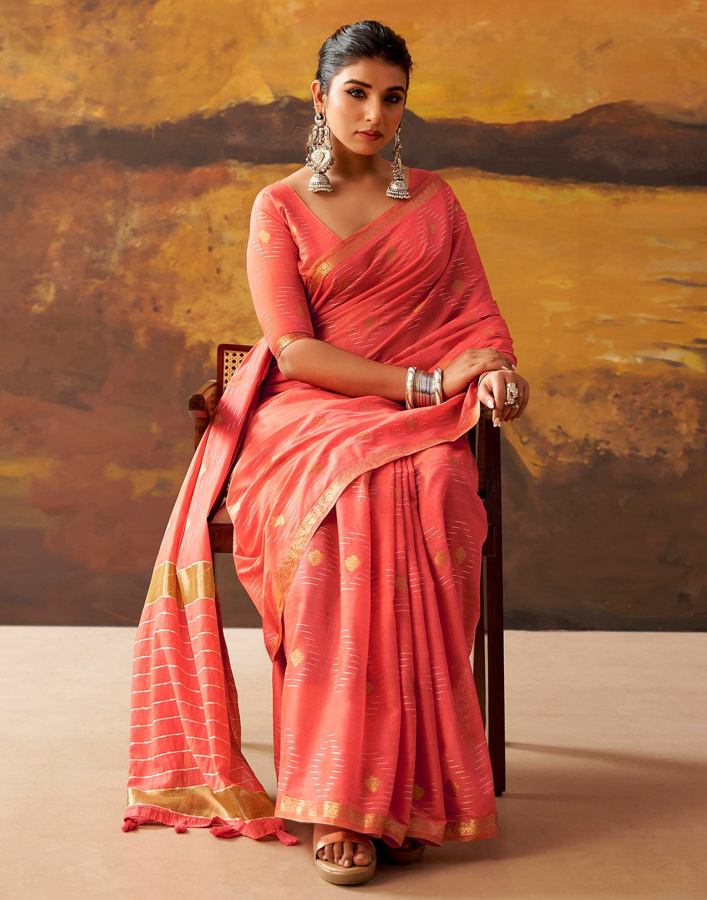 Coral Pink Cotton Chanderi Woven Saree