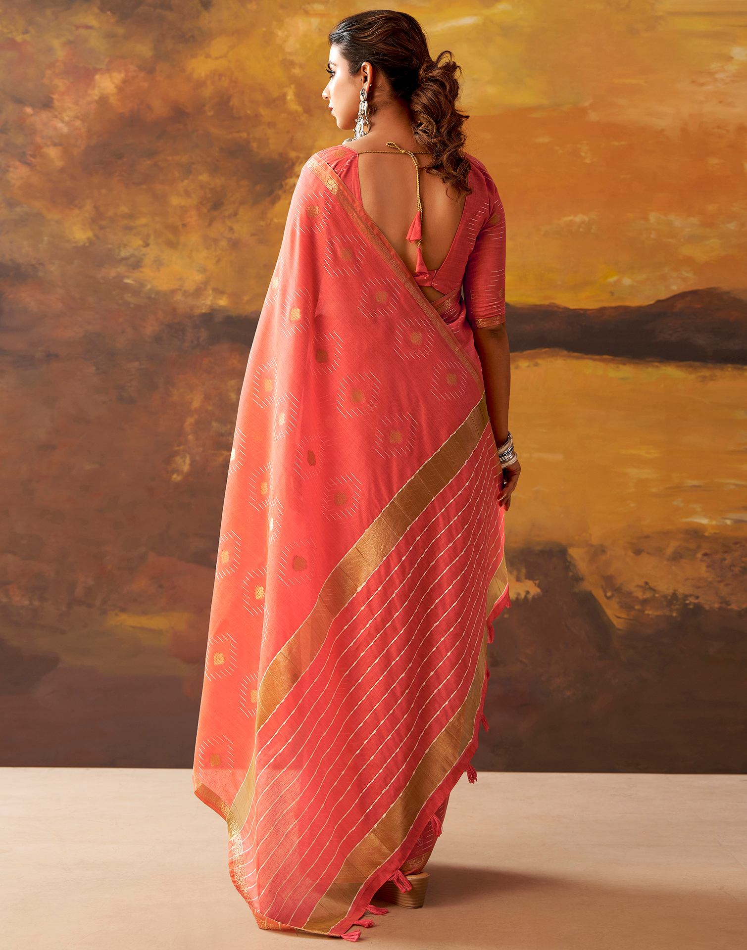 Coral Pink Cotton Chanderi Woven Saree
