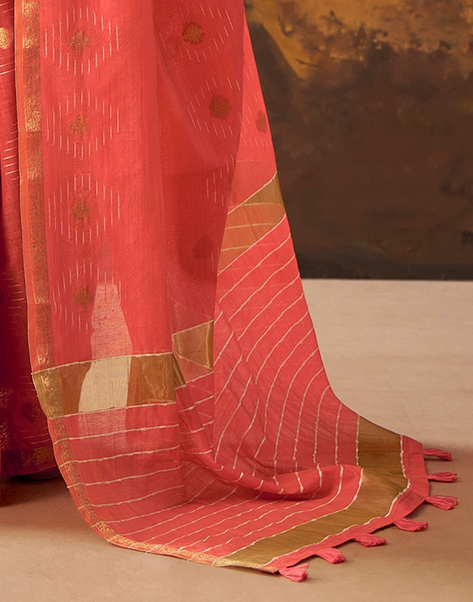 Coral Pink Cotton Chanderi Woven Saree