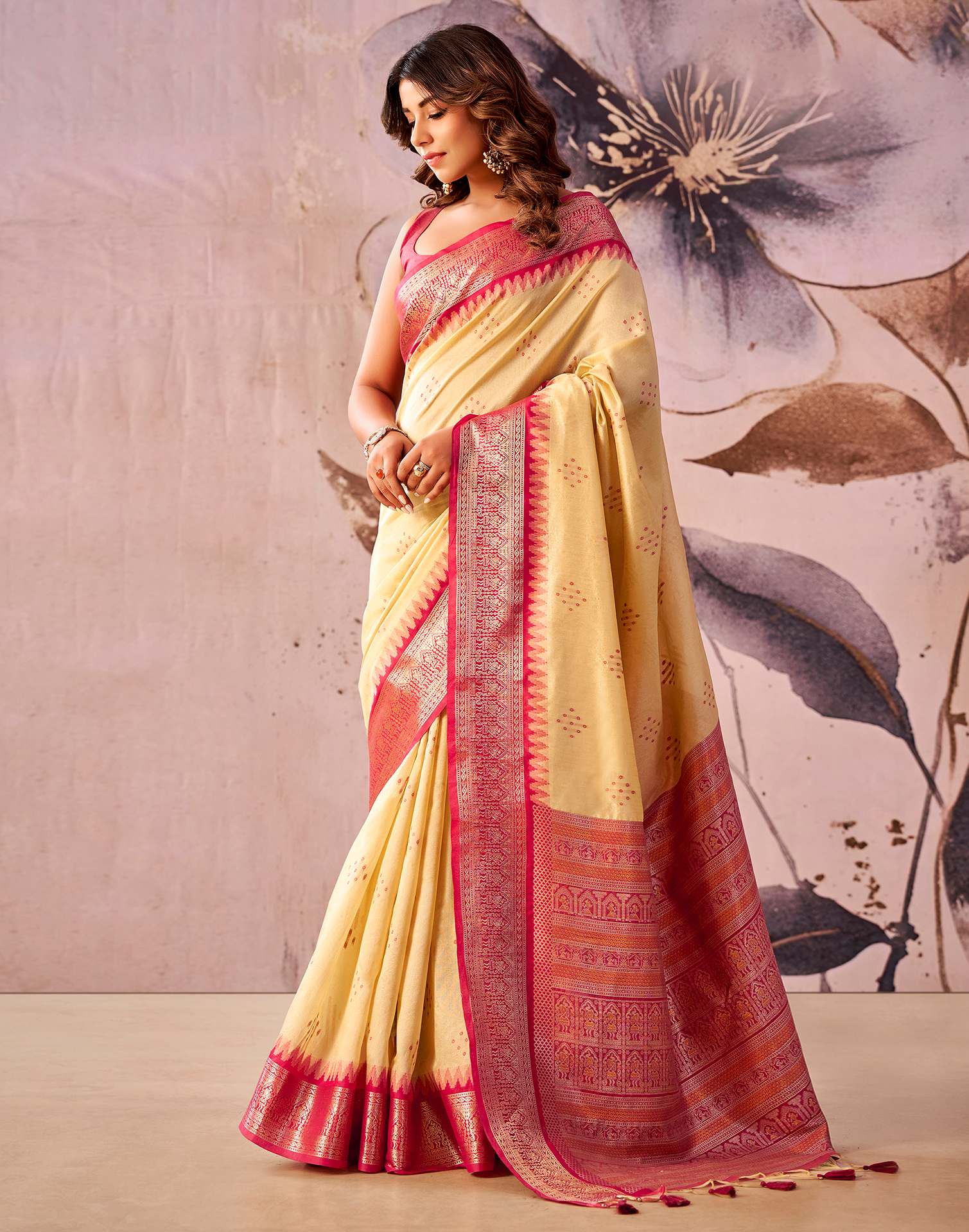Cream Tussar Silk Woven Kanjivaram Saree