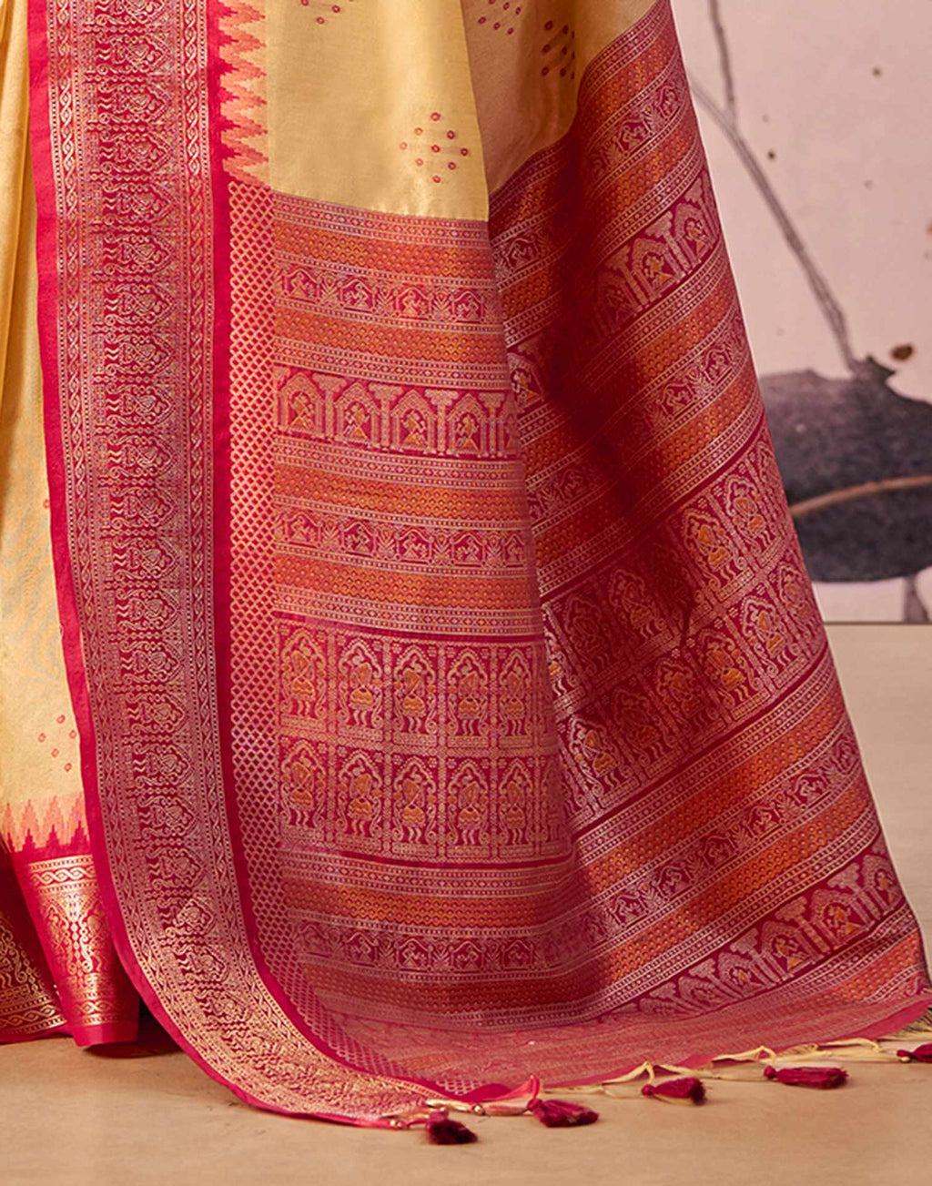 Cream Tussar Silk Woven Kanjivaram Saree