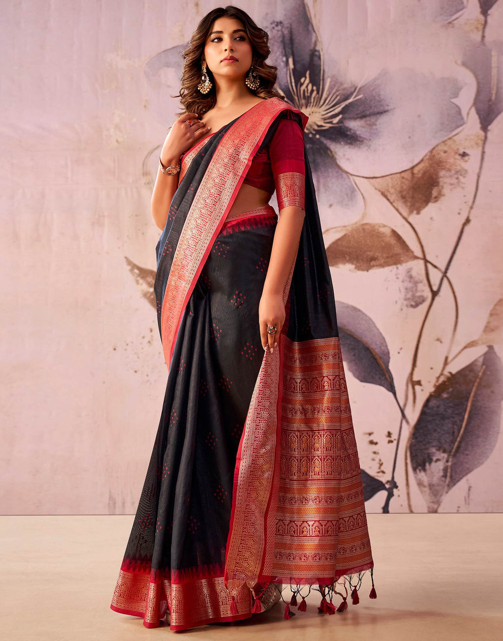 Black Tussar Silk Woven Kanjivaram Saree