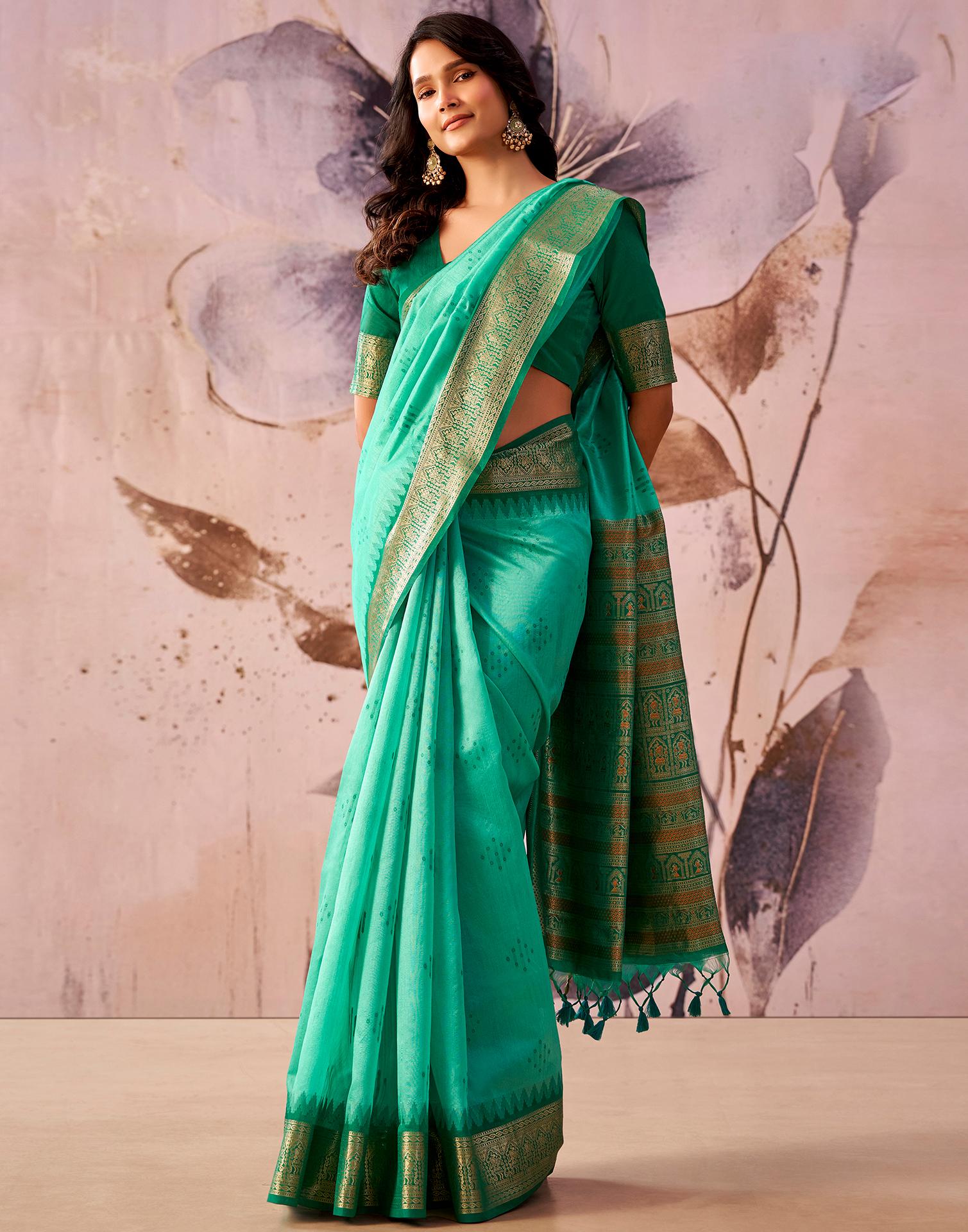 Turquoise Green Tussar Silk Woven Kanjivaram Saree