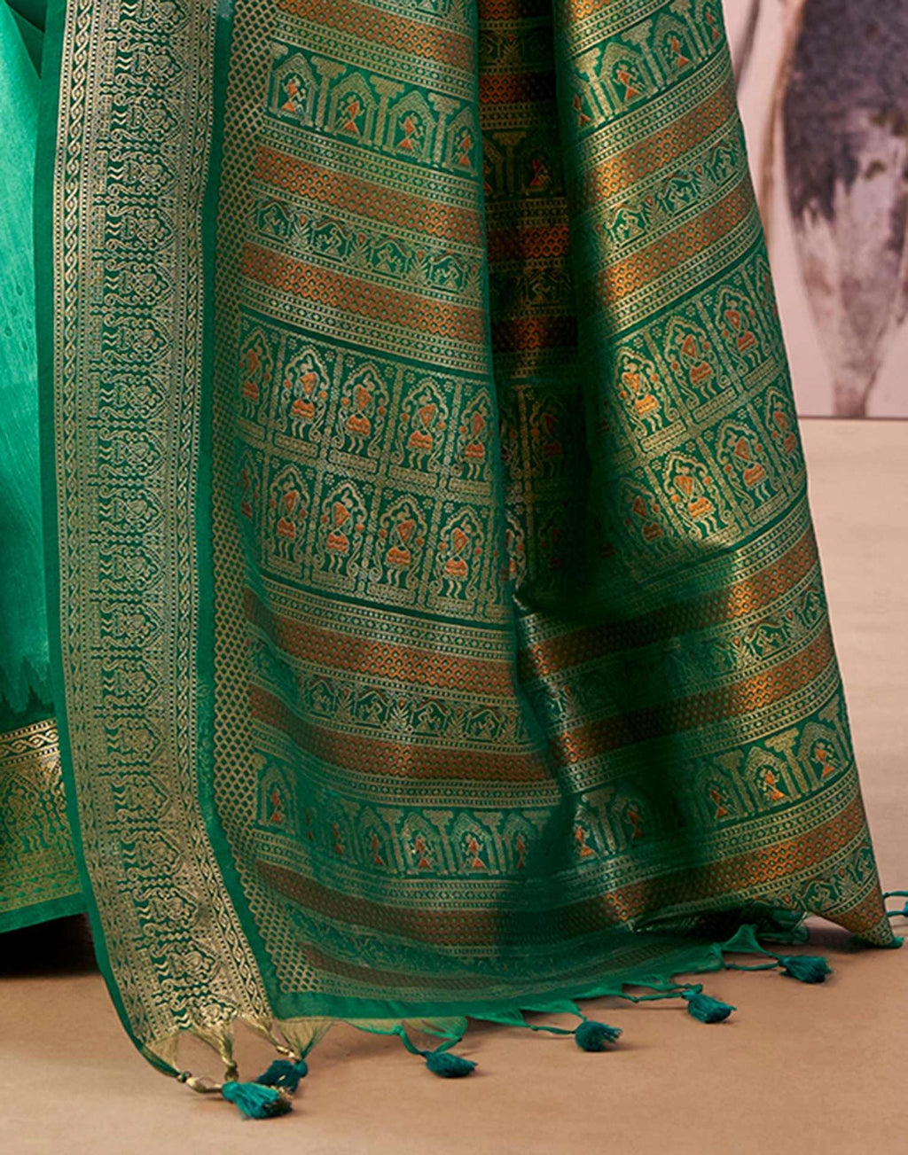 Turquoise Green Tussar Silk Woven Kanjivaram Saree