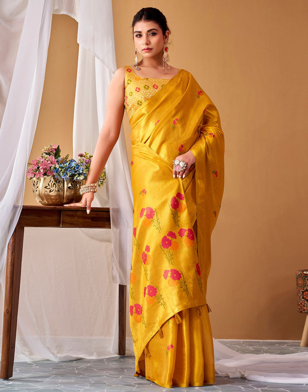 Yellow Tissue Silk Woven Floral Saree