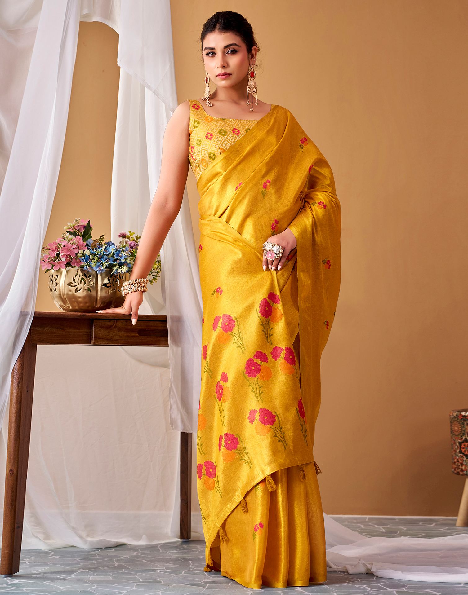 Yellow Tissue Silk Woven Floral Saree