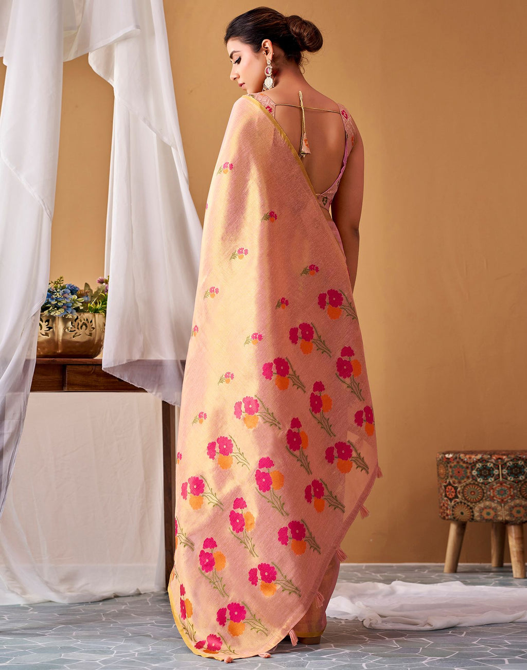 Peach Tissue Silk Woven Floral Saree