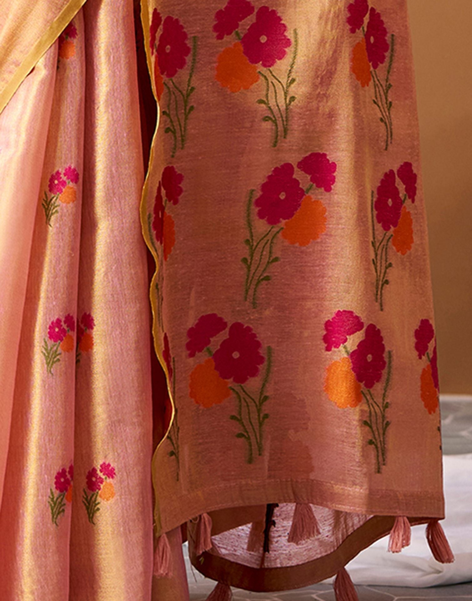 Peach Tissue Silk Woven Floral Saree