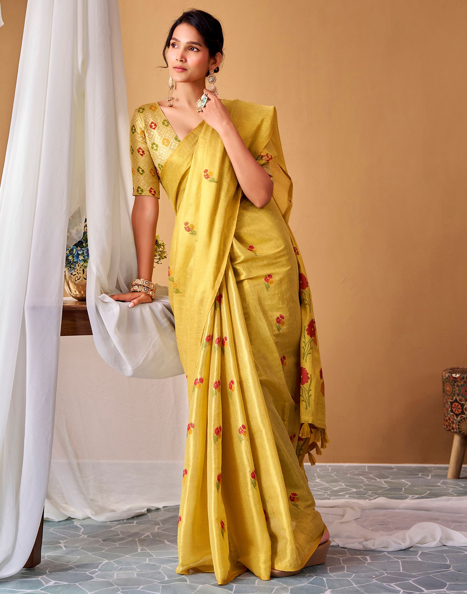 Mustard Yellow Tissue Silk Woven Floral Saree