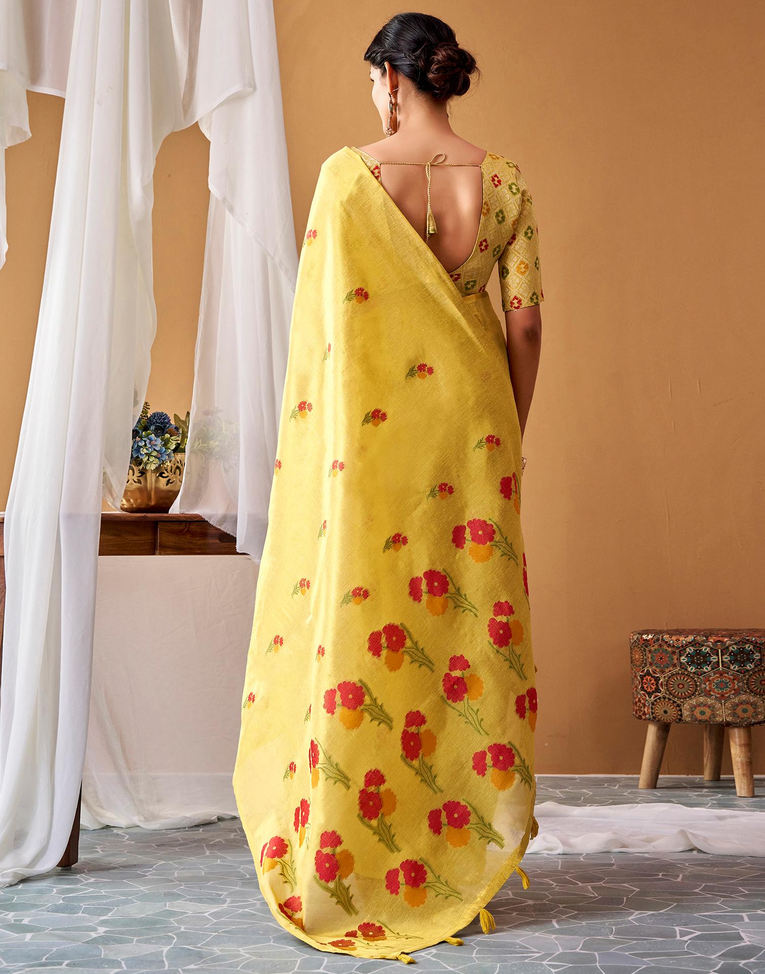 Mustard Yellow Tissue Silk Woven Floral Saree