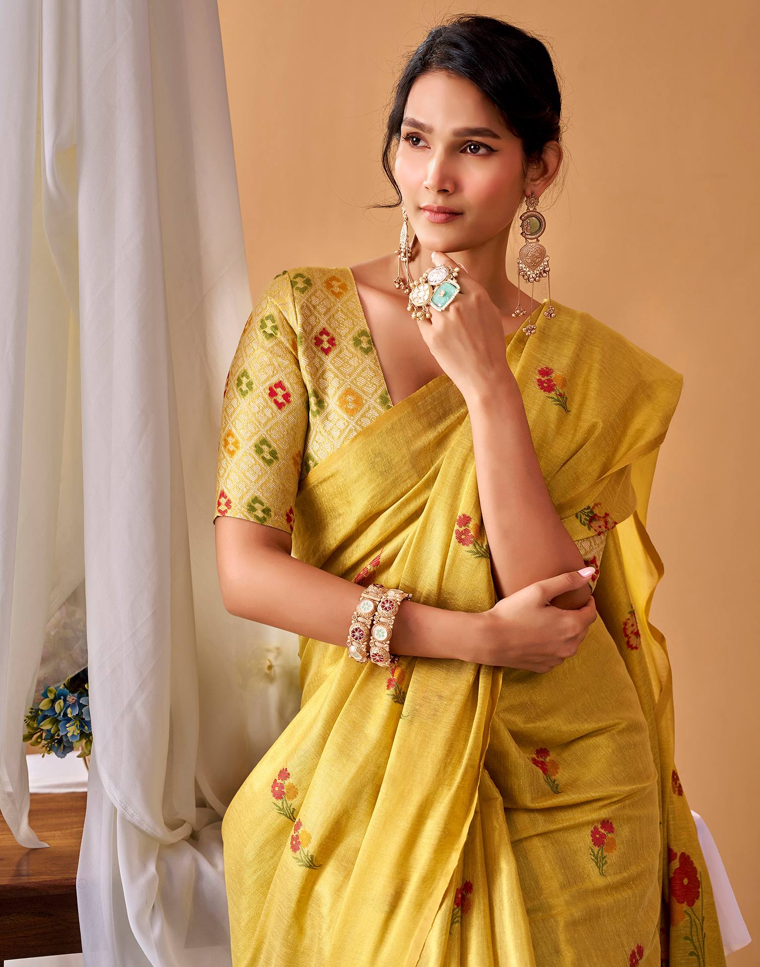 Mustard Yellow Tissue Silk Woven Floral Saree